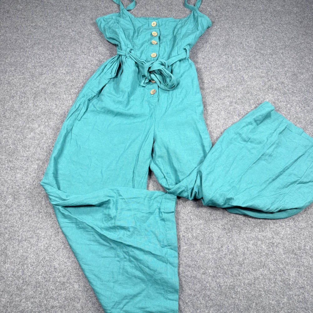 Roxy Womens XL Teal Blue Linen Blend Wide Leg Button Front Belted Jumpsuit